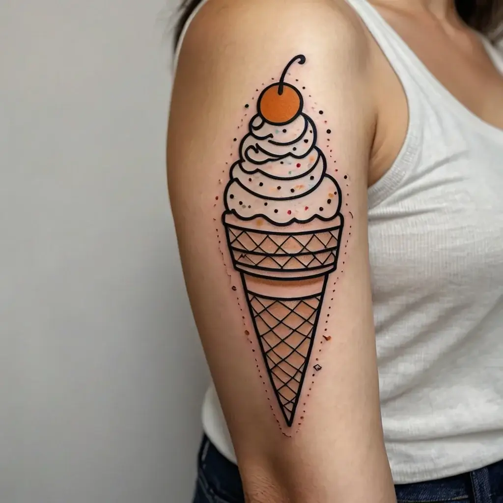 Bold ice cream cone tattoo on the arm, lined with black and dotted with colorful sprinkles, topped with a cherry.