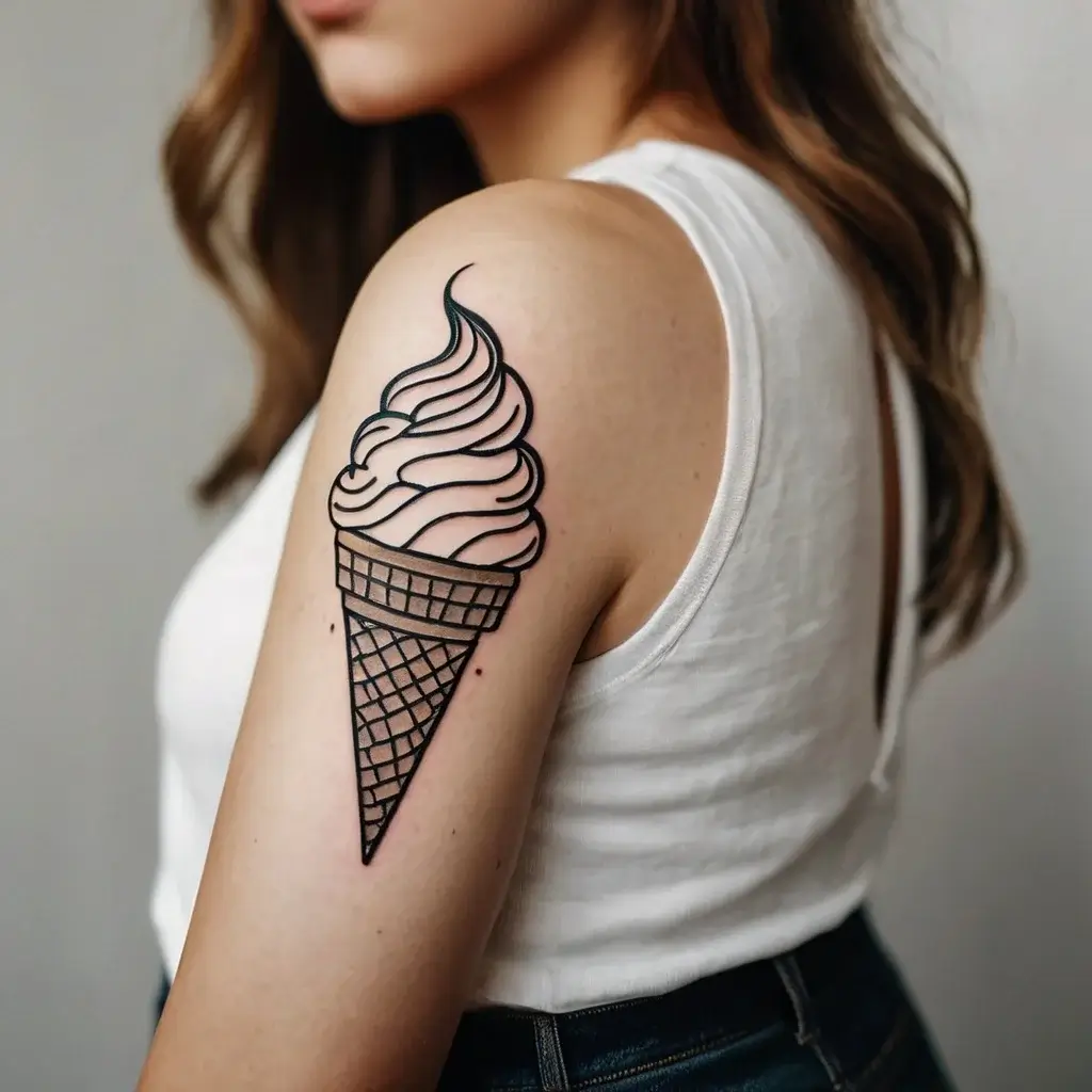 Linework tattoo of a swirled soft serve ice cream in a waffle cone, placed on the upper arm.