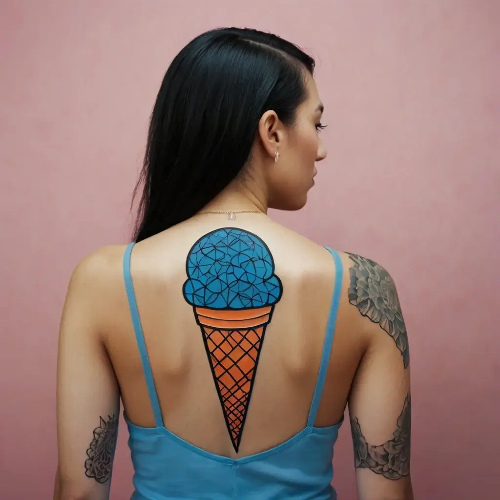 Geometric ice cream cone tattoo on back, blue scoop with pattern and orange waffle cone. Bold lines, modern style.