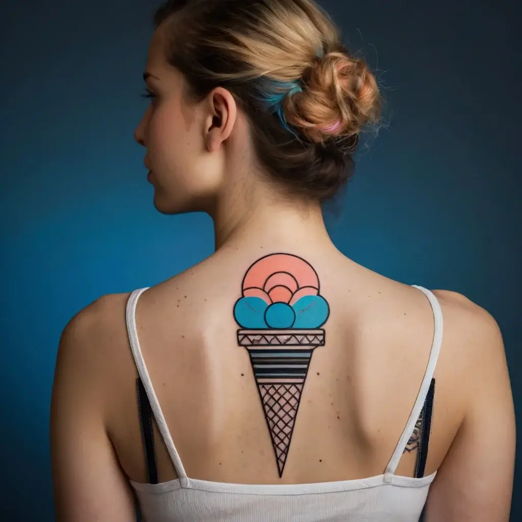 Geometric ice cream cone tattoo with pastel colors, featuring abstract scoops and intricate patterns on the back.