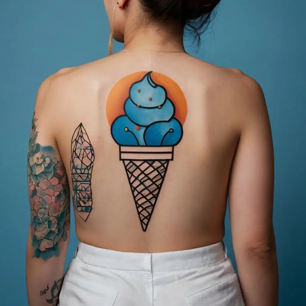 Bold back tattoo of a geometric blue ice cream cone with colorful sprinkles, set against a vibrant orange circle background.