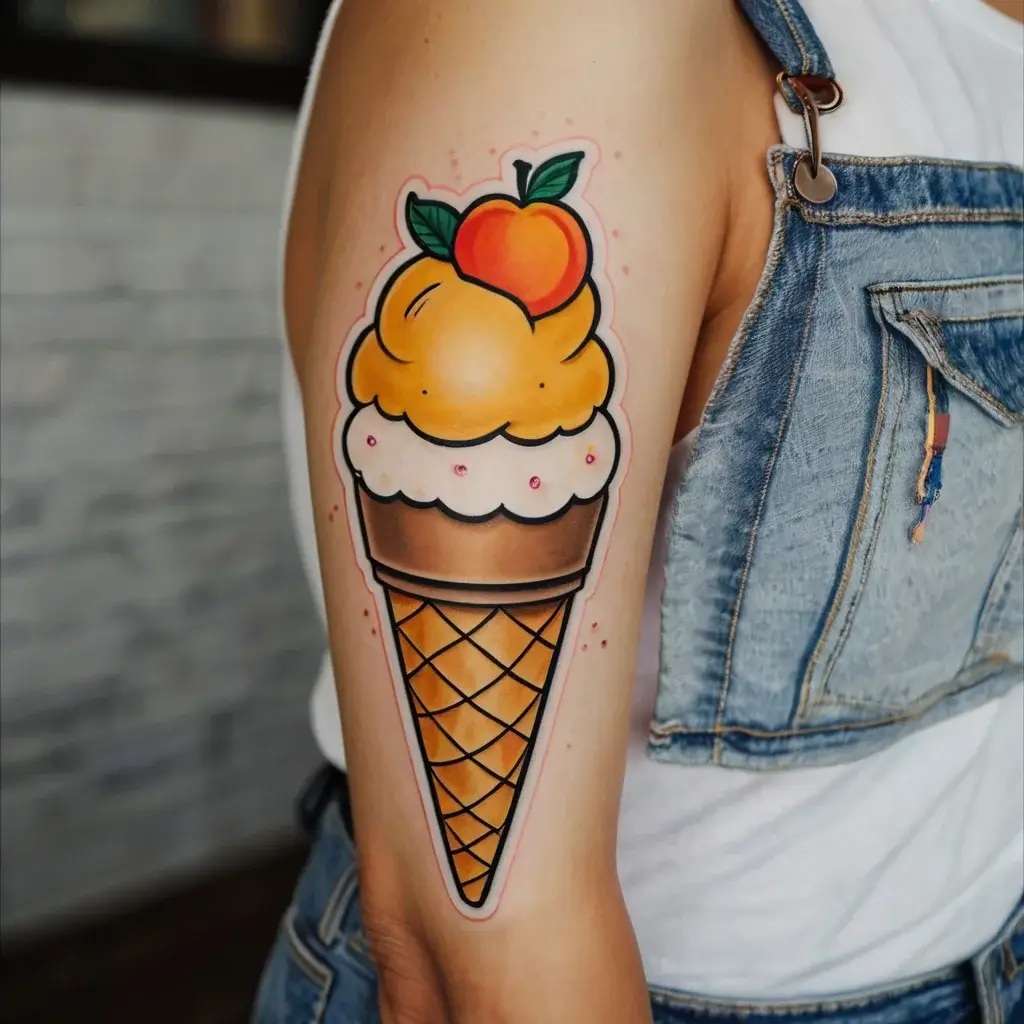 Colorful tattoo of an ice cream cone with peach scoop, white frosting, and sprinkles, on the upper arm.