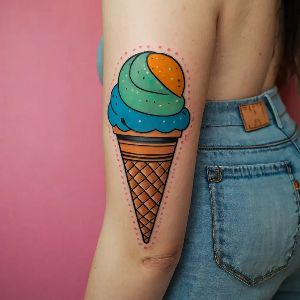 Tattoo of a colorful ice cream cone with scoops in orange, green, and blue, accented by a pink dotted border on the arm.