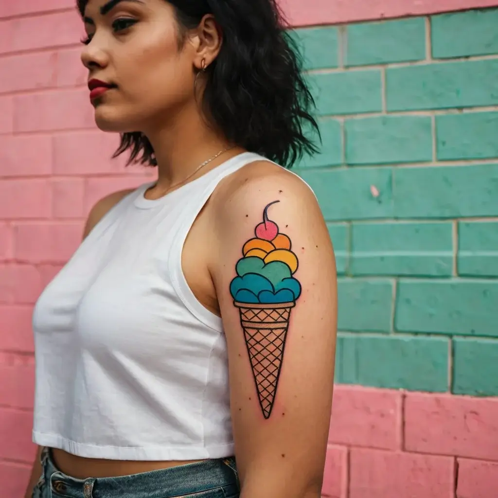 Colorful ice cream cone tattoo with cherry, featuring layered scoops in turquoise, orange, yellow, topped with a cherry.