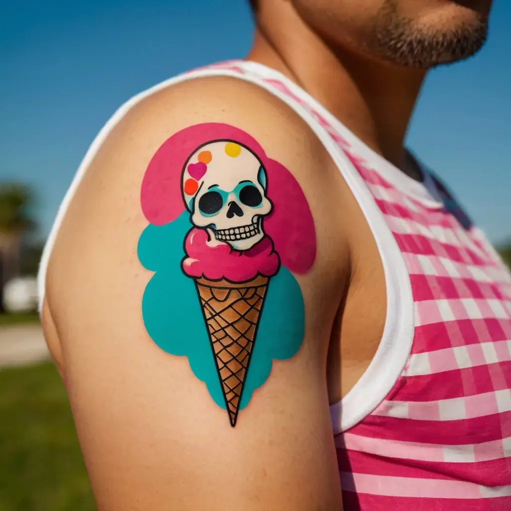 Tattoo of a skull on a pink ice cream cone, with sprinkles, set against pink and turquoise splashes on the upper arm.