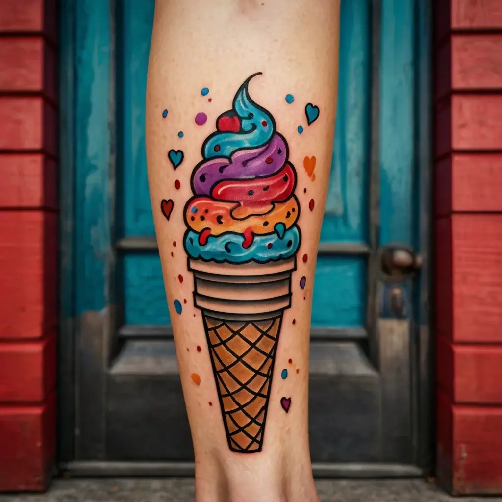 Tattoo of colorful, swirled ice cream cone with vibrant drips and small hearts, set against a playful, speckled background.