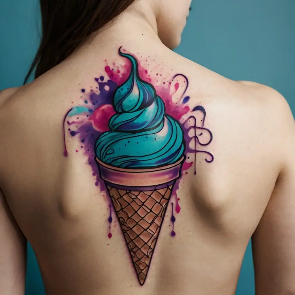 A vibrant ice cream cone tattoo with blue swirls and pink splashes, creatively designed on the upper back.