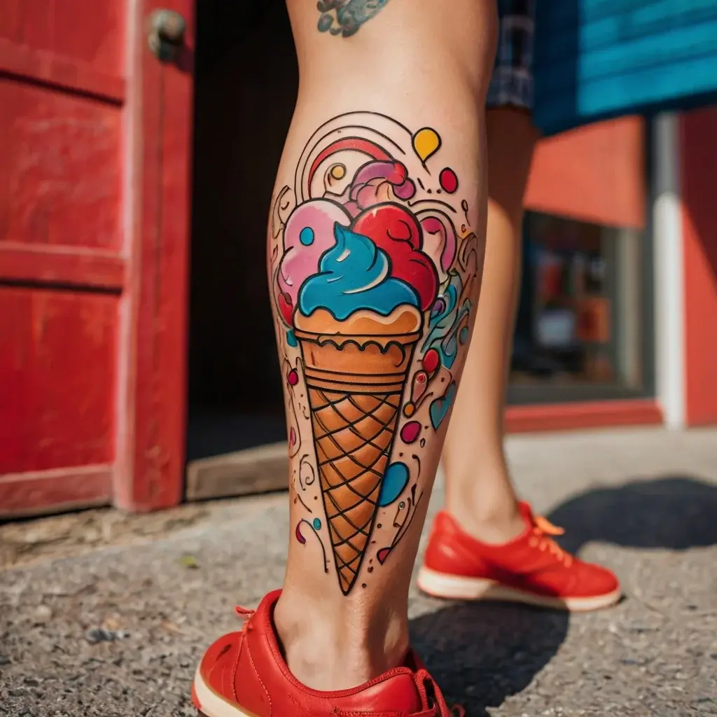 Colorful ice cream cone tattoo on leg, with vibrant scoops and swirls, exuding a playful, whimsical vibe.