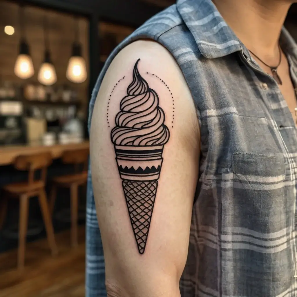 Line art tattoo of a soft-serve ice cream cone with geometric patterns, surrounded by dotted arcs on the upper arm.