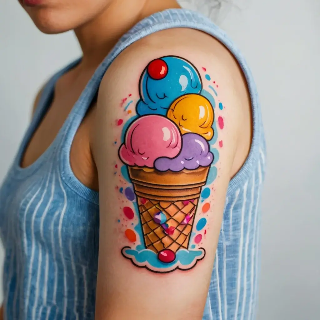 Colorful ice cream cone tattoo with five scoops: blue, yellow, pink, purple, and red; surrounded by vibrant splashes.