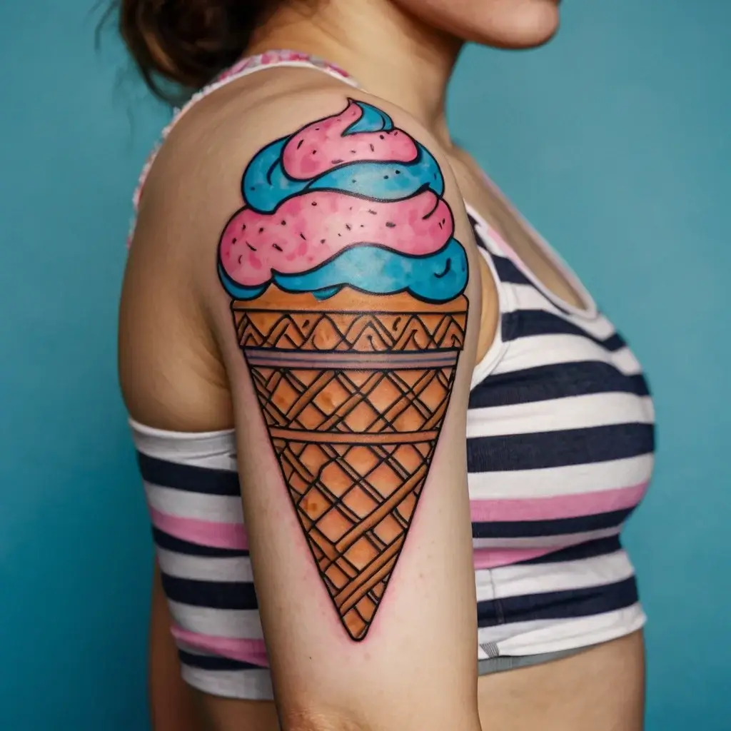 Colorful tattoo of a large ice cream cone with bright pink and blue swirls on an arm, detailed with bold outlines.