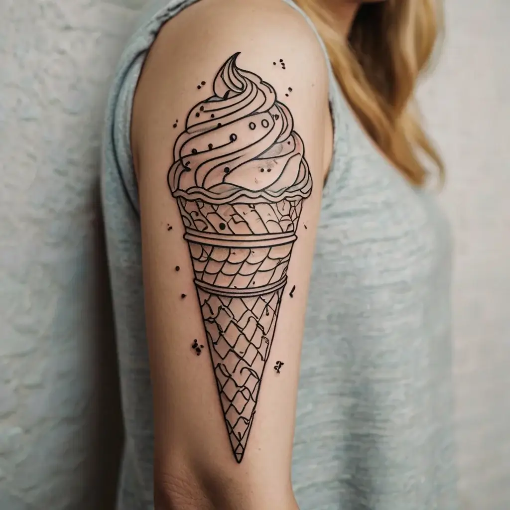 Line art tattoo of a detailed ice cream cone with a swirl on top, adorned with small dots, on upper arm.