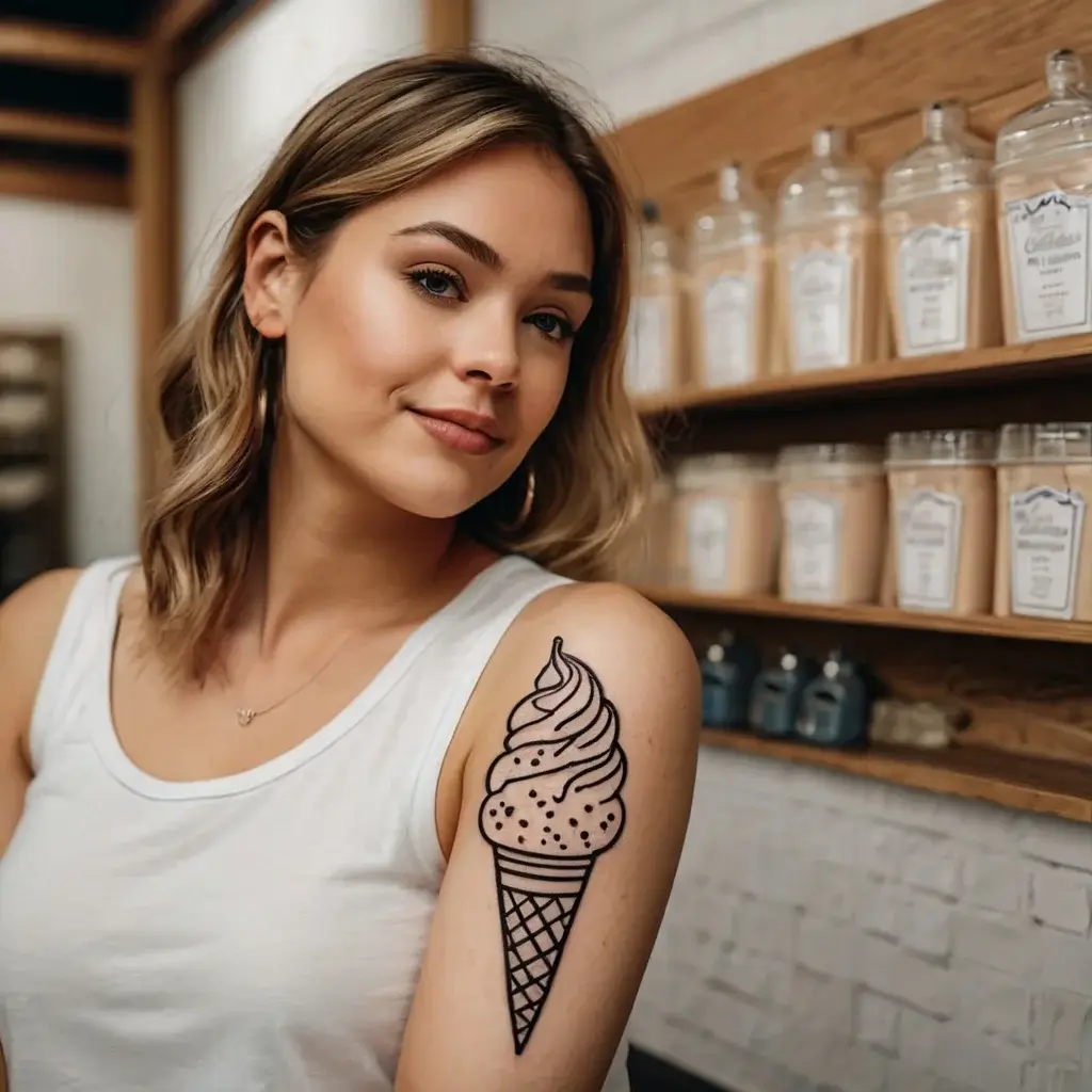 A detailed black line tattoo of a soft-serve ice cream cone with sprinkles on the right upper arm.