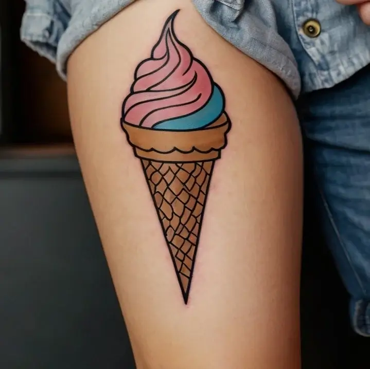 Colorful ice cream tattoo on thigh, featuring swirled pink and blue scoops in a brown waffle cone with bold outlines.