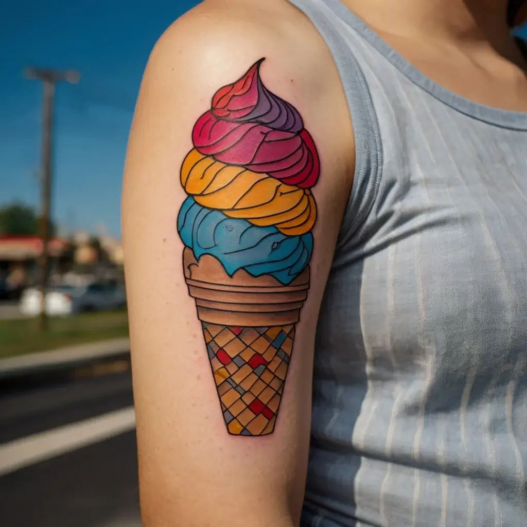 Tattoo of a three-scoop ice cream cone in vibrant red, yellow, and blue colors with a brown waffle cone pattern.