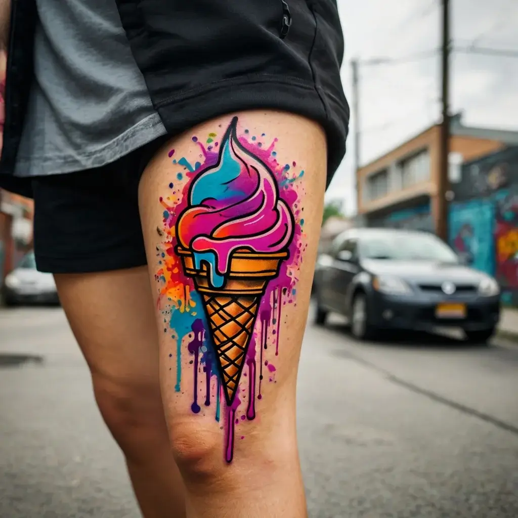 Tattoo of a vibrant melting ice cream cone with pink, blue, and purple swirls on a watercolor splash background.