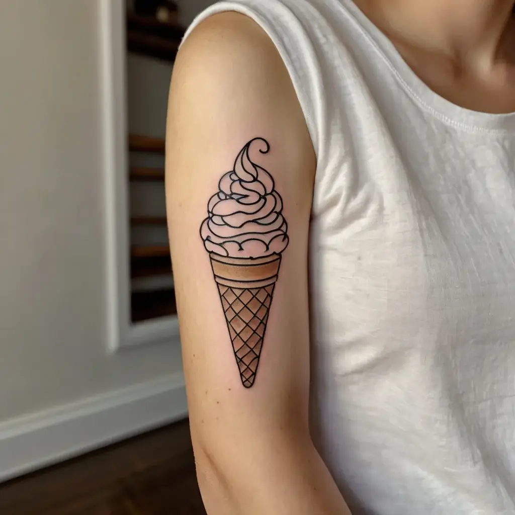 Simple line-art tattoo of an ice cream cone on the upper arm, with soft serve swirls and a detailed waffle pattern.