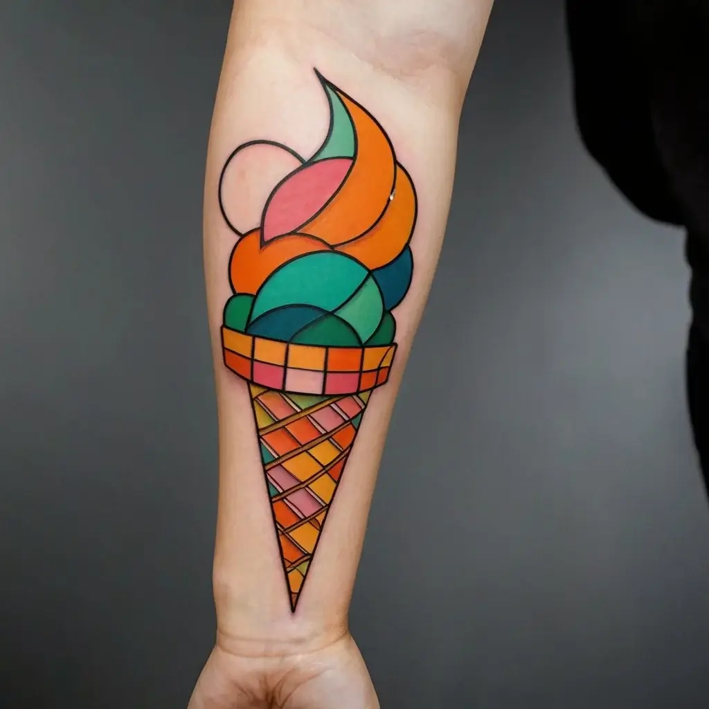 Colorful geometric ice cream cone tattoo with bold lines and vibrant shades, blending orange, green, and pink hues.