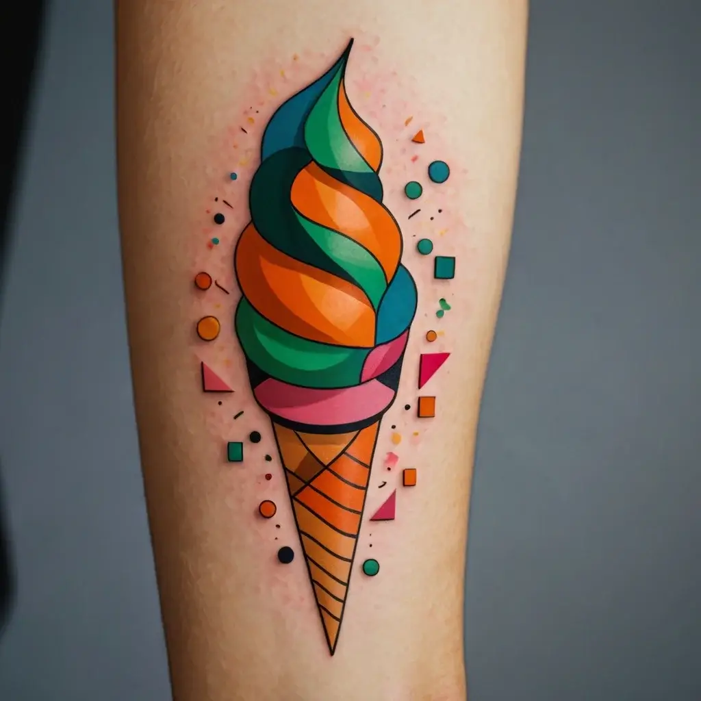 Geometric ice cream tattoo design with vibrant orange, teal, and green swirls surrounded by colorful shapes and dots.