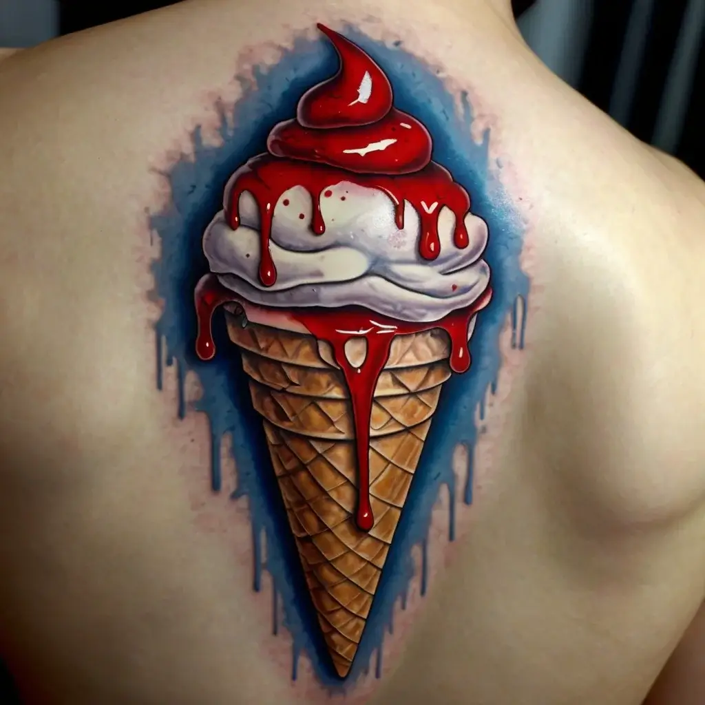 3D ice cream cone tattoo with dripping red syrup and waffle texture on back, surrounded by a blue and pink gradient.