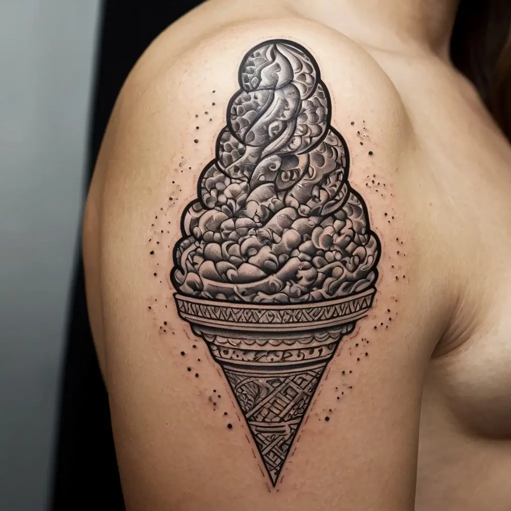 Detailed black ink tattoo of an ice cream cone on shoulder, featuring intricate patterns and dot shading for texture.