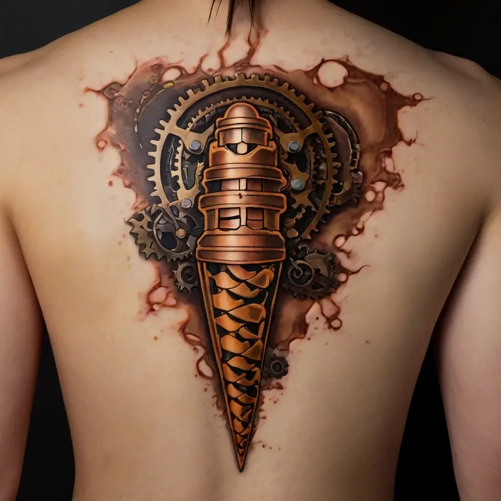 Steampunk tattoo with copper drill bit, gears, and splashes; a blend of mechanics and artistry on the back.