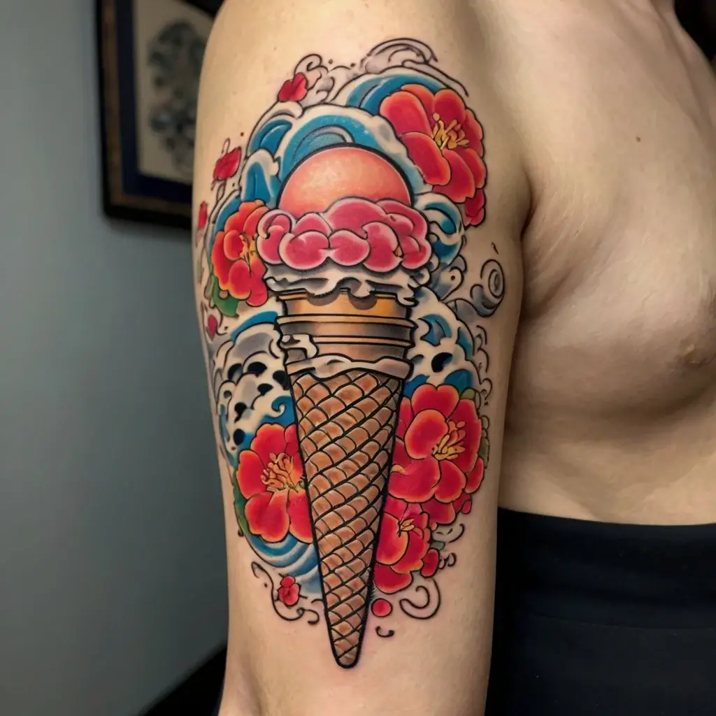 Tattoo of an ice cream cone surrounded by vibrant waves and red flowers, blending Japanese and pop art styles.