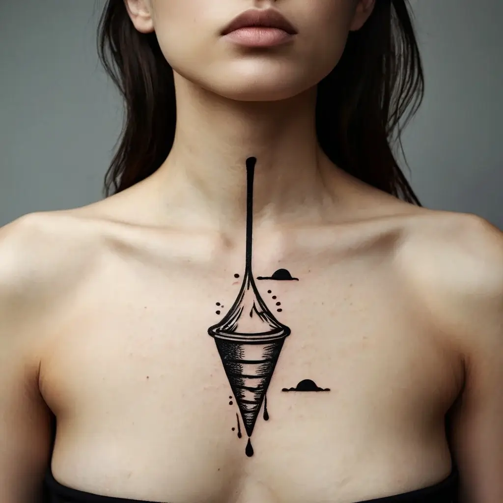 Abstract geometric design on the chest, featuring a vertical cone with shading and dots, creating a dynamic, surreal effect.