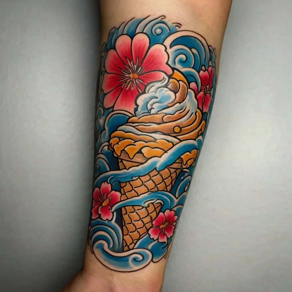 Tattoo of an ice cream cone surrounded by stylized blue waves and pink flowers, blending vibrant whimsy and nature.