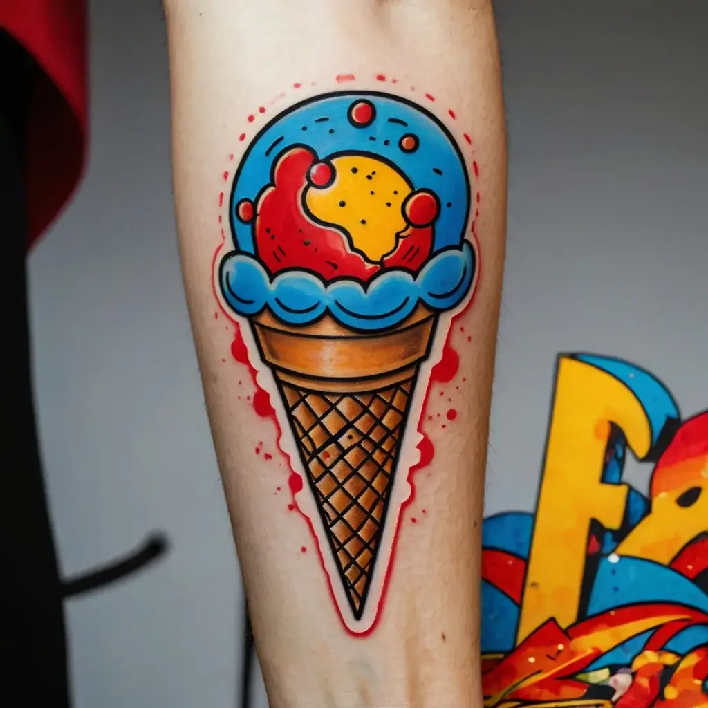 Bright cartoon-style tattoo of an ice cream cone with blue and yellow scoops, outlined in red on forearm.