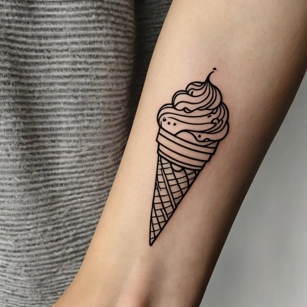 A minimalistic black line tattoo of a soft-serve ice cream cone, featuring swirling details and a textured waffle cone.