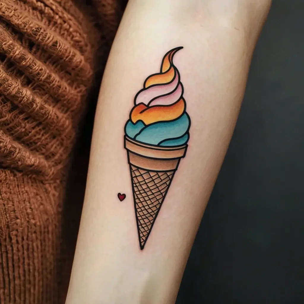 Colorful ice cream cone tattoo with swirling pink, orange, and blue scoops. Small red heart beside the cone.