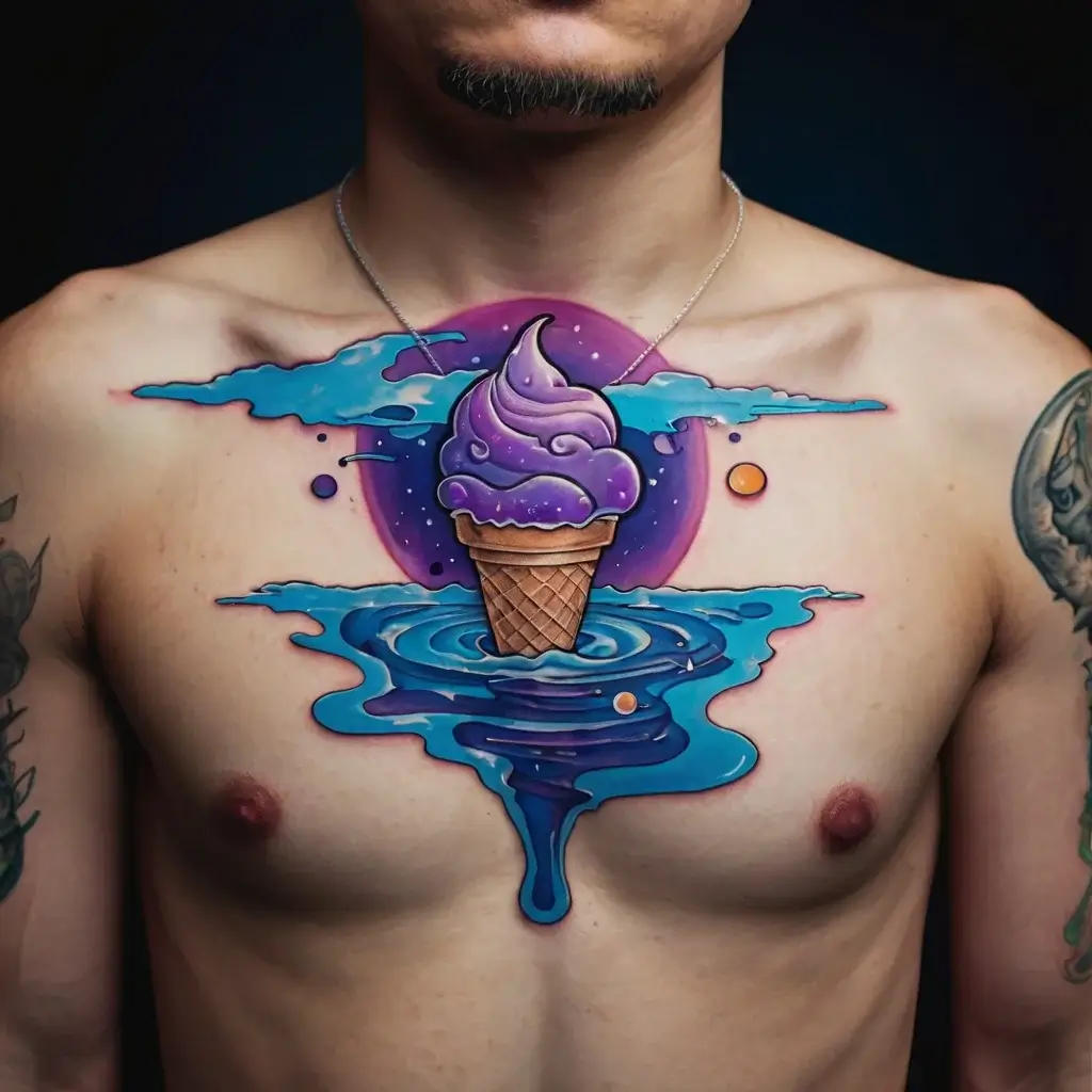 Surreal chest tattoo of a purple ice cream cone floating on a blue water ripple, set against a cosmic backdrop.