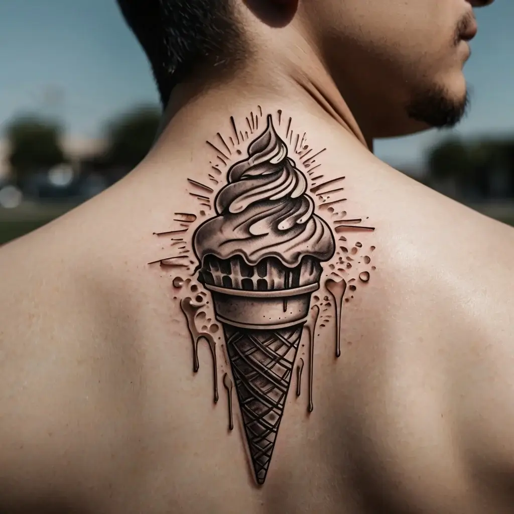 Tattoo of a detailed ice cream cone with dynamic shading and splash effects, positioned on the shoulder blade.