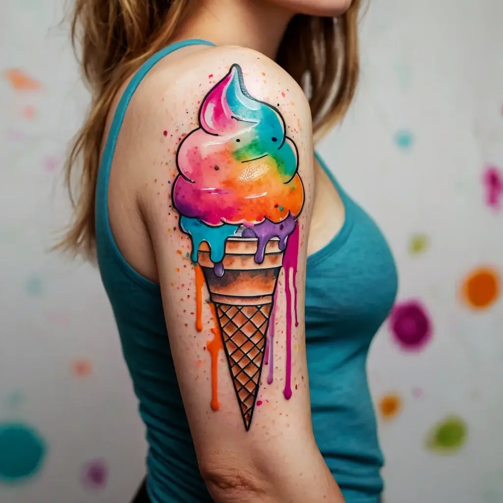 Colorful ice cream cone tattoo with rainbow swirls and drips, displaying vibrant watercolor effects on the upper arm.