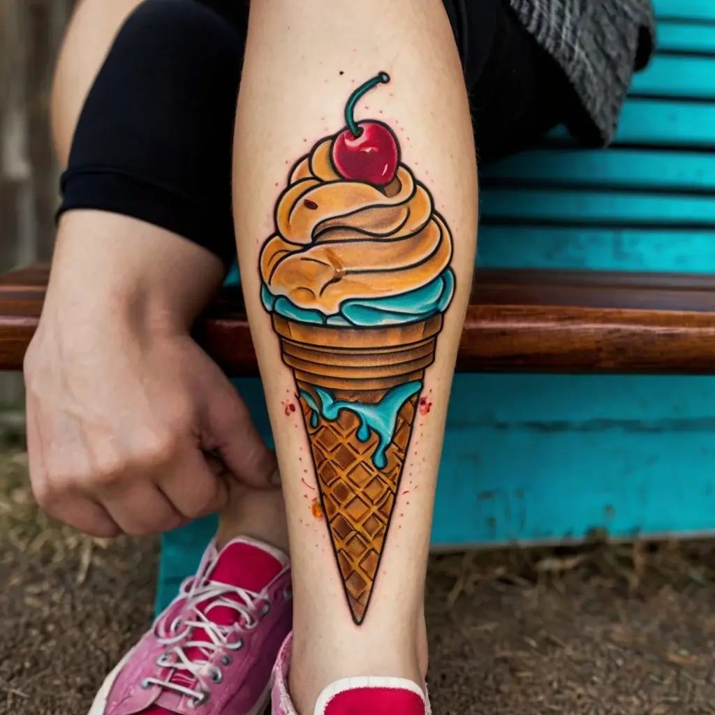 Vibrant ice cream cone tattoo on calf, featuring orange swirl, blue drips, cherry on top, and red dots for added style.