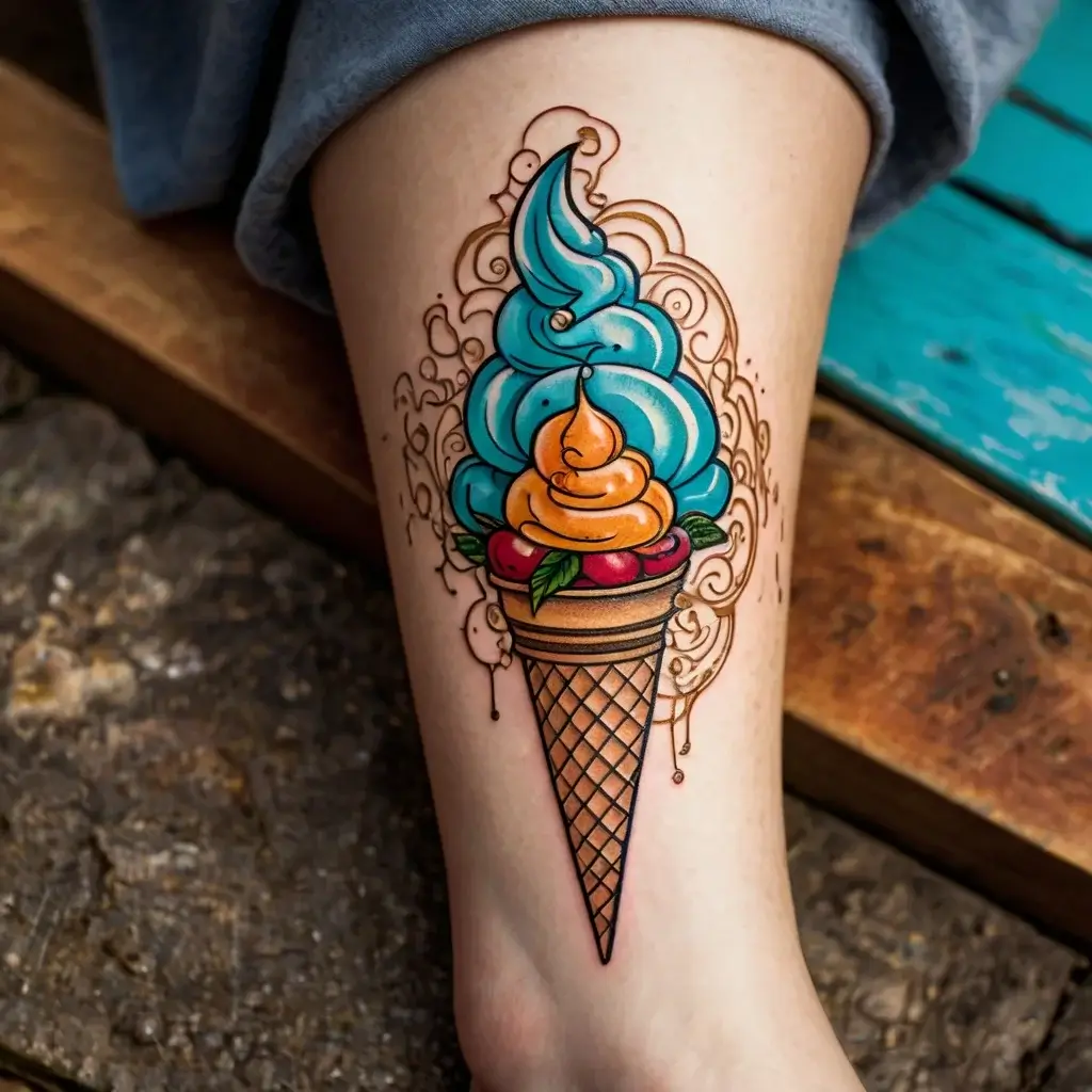 Tattoo of vibrant ice cream cone with blue and orange swirls, cherries, and leaves, surrounded by abstract patterns.