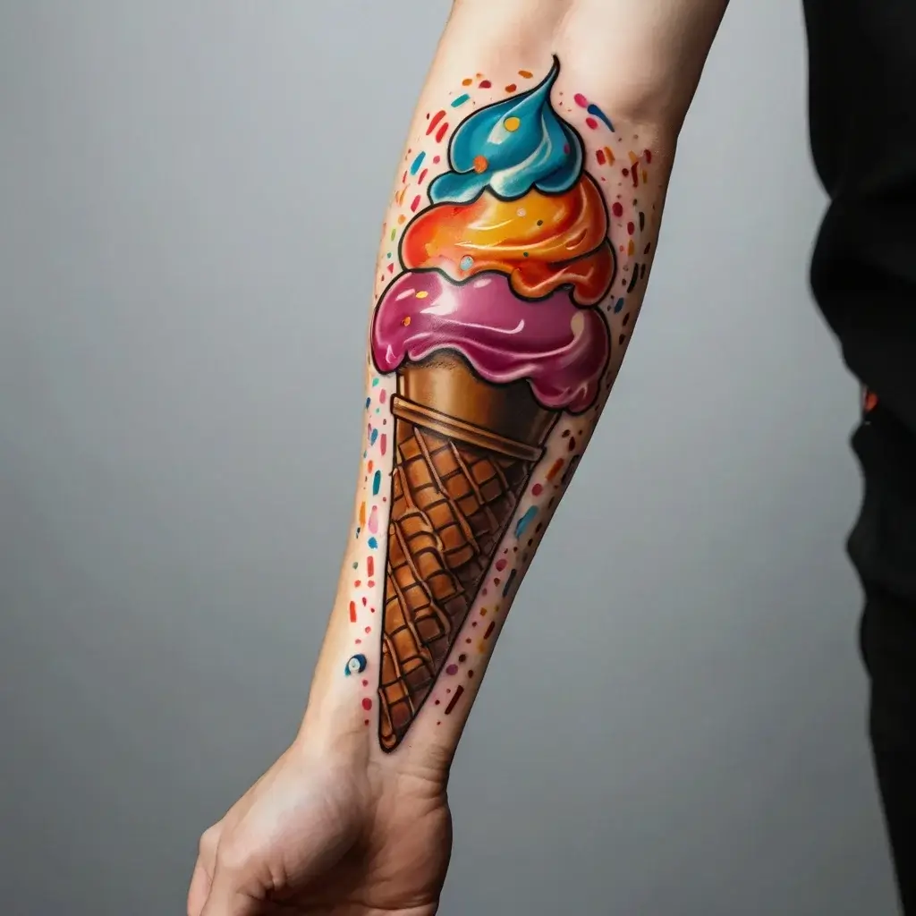 Colorful ice cream cone tattoo with vibrant scoops and scattered sprinkles, showcasing bold lines and bright, playful hues.