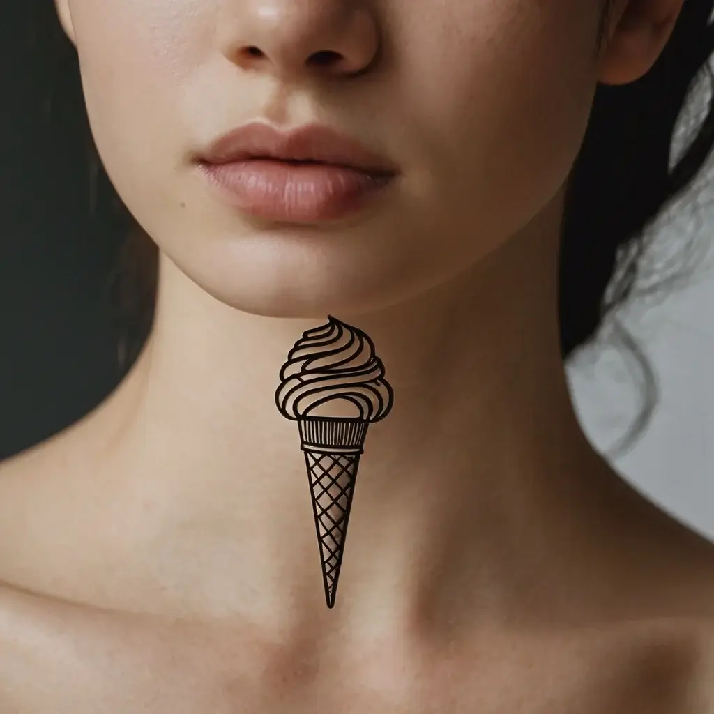 Tattoo of an elegant, minimalist ice cream cone placed on the neck. Features swirled cream atop a detailed waffle cone.