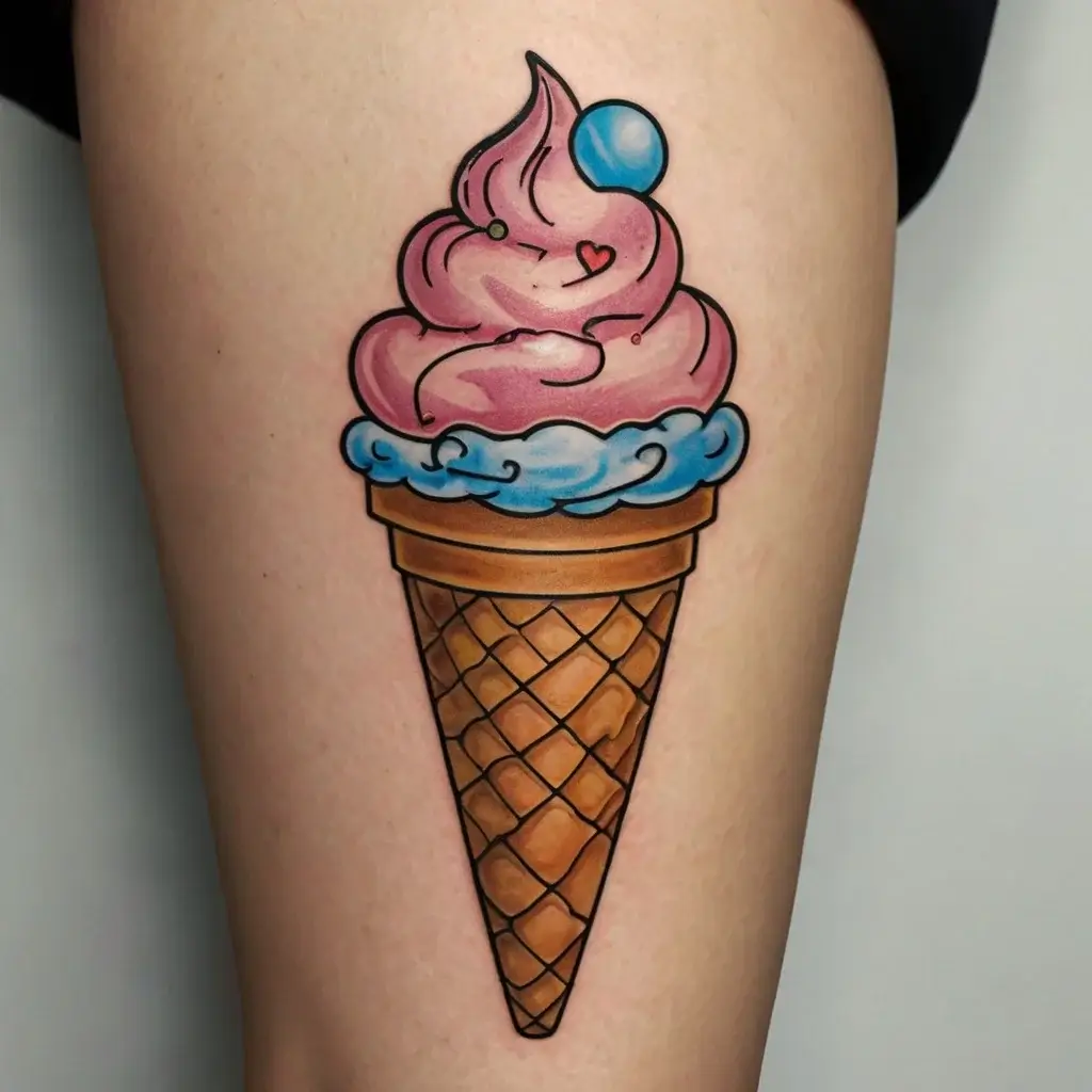 Tattoo of a colorful ice cream cone with pink and blue swirls, little hearts, and a blue ball on a textured cone.