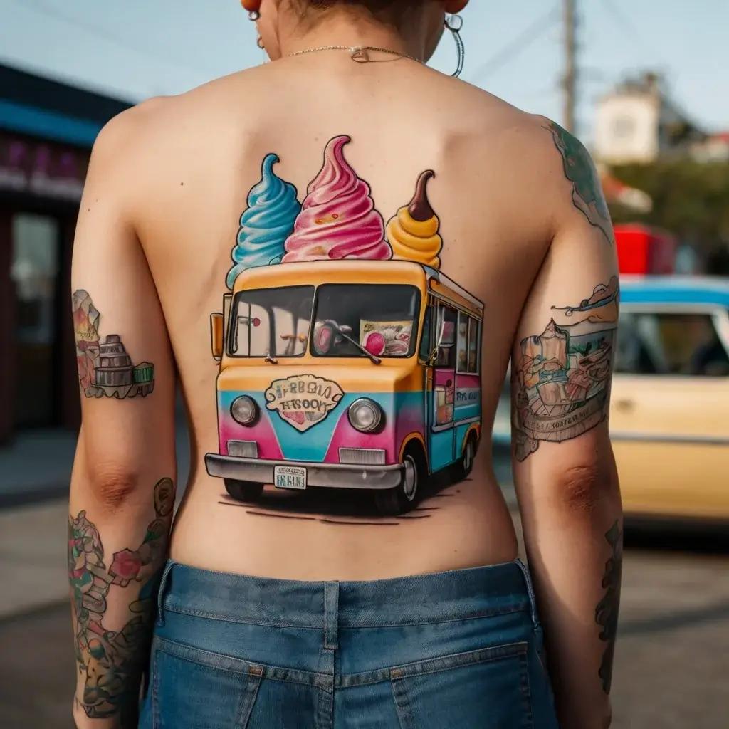 Detailed tattoo of a colorful ice cream truck with giant scoops on top, covering the entire back. Bright, playful design.