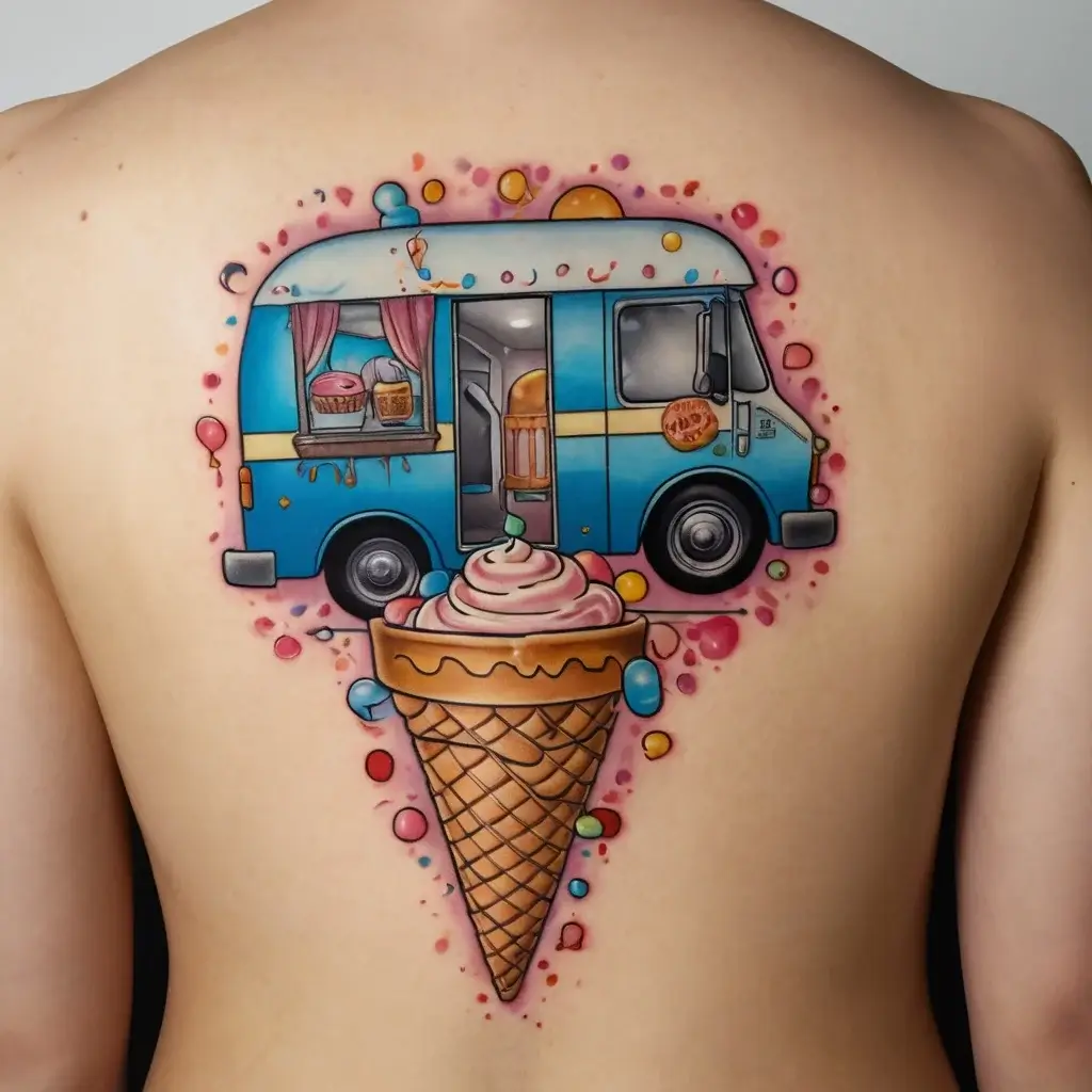 A vibrant tattoo of a blue ice cream truck above a colorful ice cream cone, surrounded by candy-like colors and patterns.