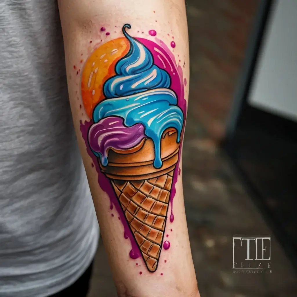 Colorful ice cream cone tattoo with purple and blue swirls, dripping on a cone, set against a vivid orange and pink backdrop.