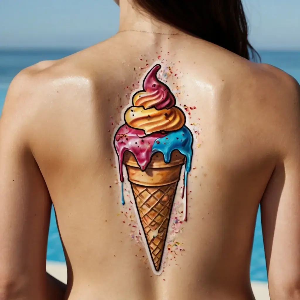 Colorful ice cream cone tattoo on back, featuring melting pink, orange, and blue scoops with sprinkles on realistic cone.