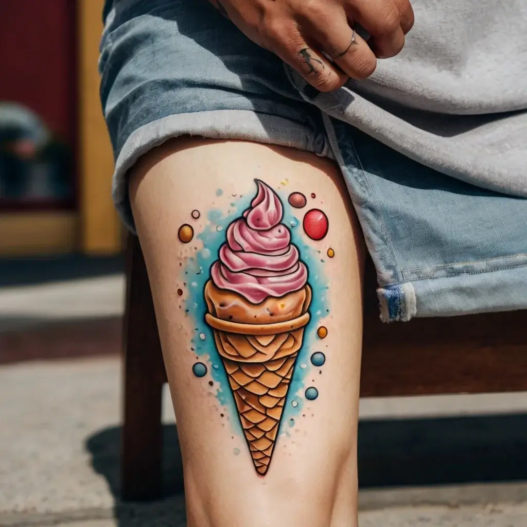 Bright, detailed ice cream cone tattoo with pink scoop and colorful dots on thigh, set against a light blue background.