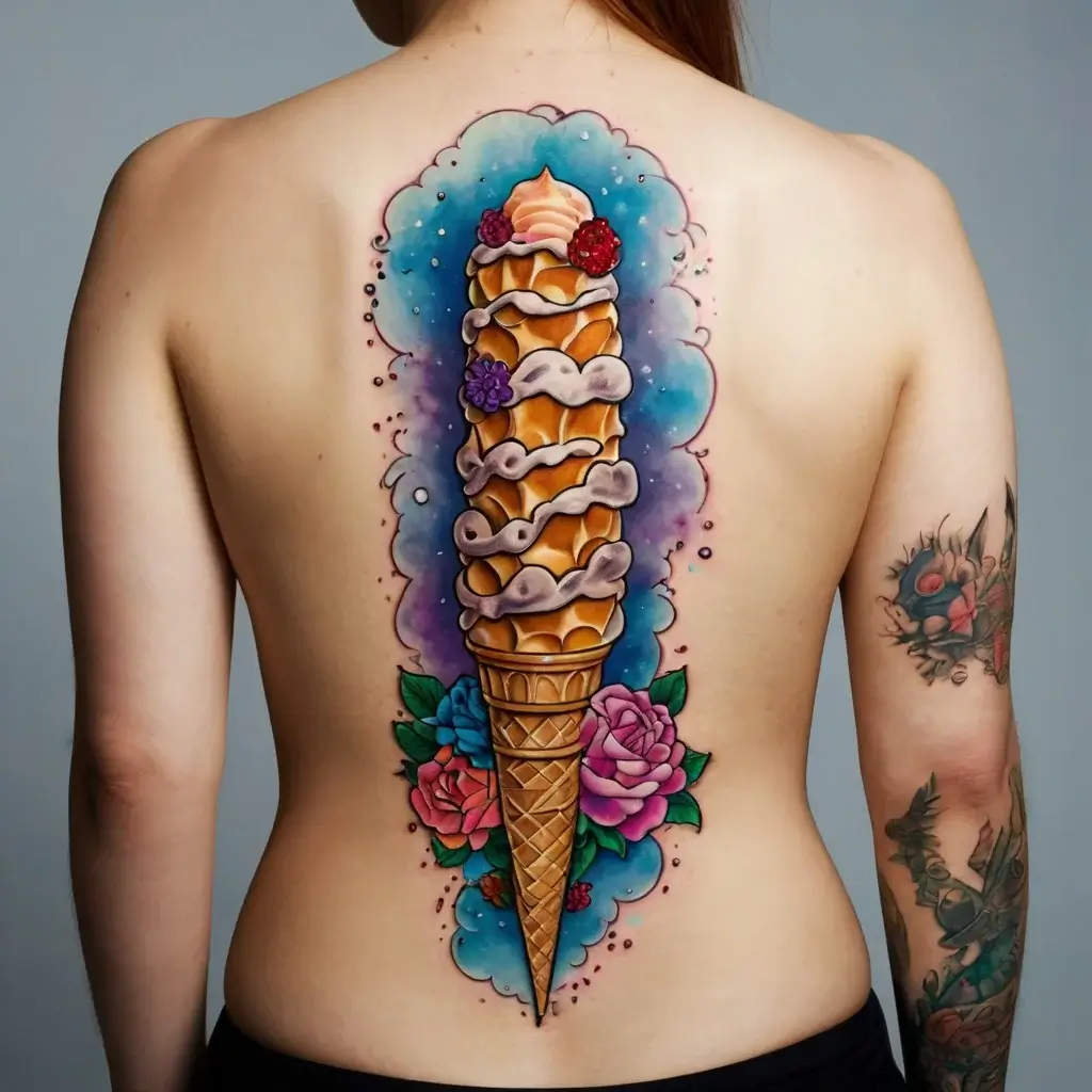 Tattoo of a stacked ice cream cone with colorful scoops and berries, surrounded by a floral and cosmic background.