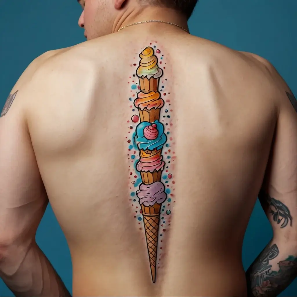 Colorful stacked ice cream tattoo on spine, with cones and swirled scoops, surrounded by dots for a playful vibe.