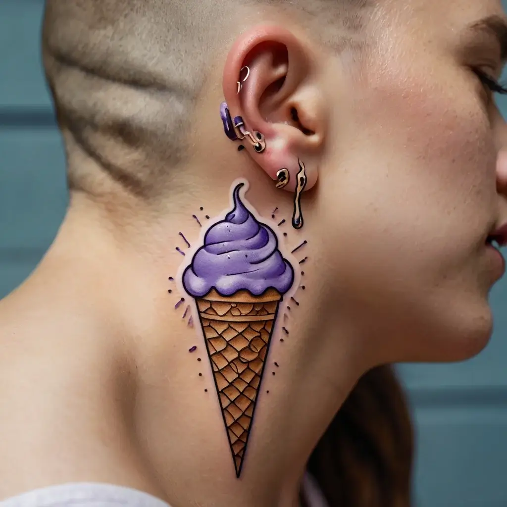 Neck tattoo of a purple ice cream cone with detailed shading and bold outlines, emphasizing its playful and vibrant style.