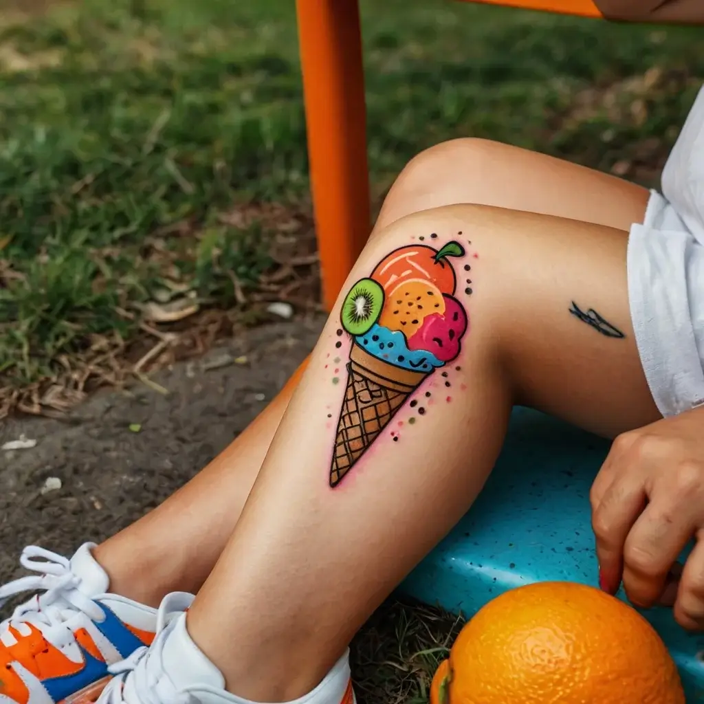 Colorful tattoo of an ice cream cone with fruit scoops and a kiwi slice on a leg, surrounded by vibrant dots.