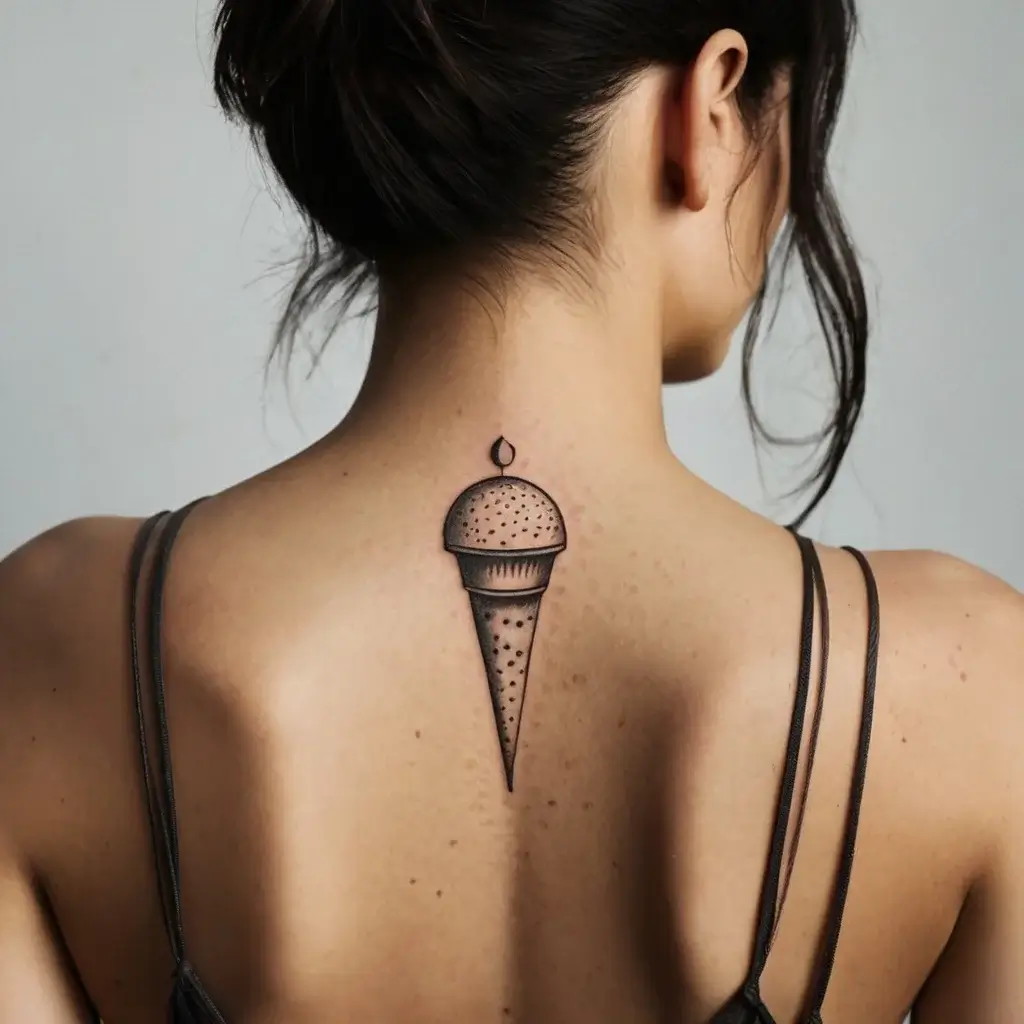 Tattoo of a minimalistic ice cream cone with dotwork, centered on the upper back. Subtle shading adds depth and texture.